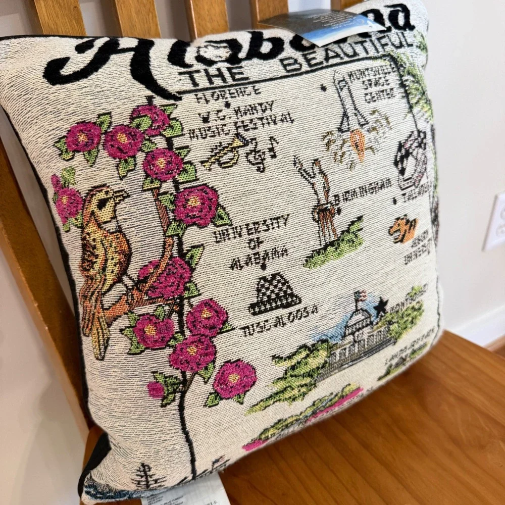 Alabama The Beautiful State Map Jacquard Woven Tapestry Pillow NWT Made in USA